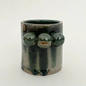 Handmade Ceramic Pottery Cup Vase Planter Orbs Green Glazed Industrial Raw Frog